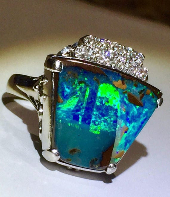 Black opal diamond ring BIG Platinum 8.76TCW Diamond Australian Natural Solid Black Dark Fire Opal ring