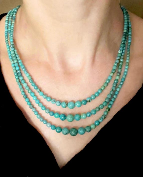Natural three strands Turquoise necklace in sterl… - image 9