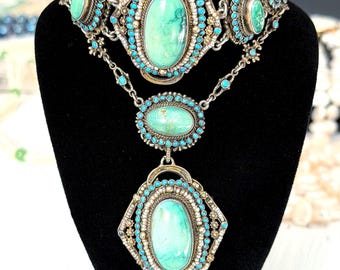 Gros collier/bracelet/saut en turquoise victorienne, turquoise austro-hongroise, argent, or et doré, graines de turquoise