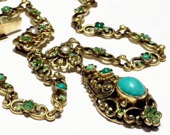 Vintage Austro Hungarian blue Turquoise sterling silver gold gilt turquoise necklace