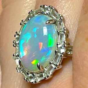 Vitage Harlequin Opal ring crystals halo ring October birthstone sterling silver ring Midcentury style opal ring