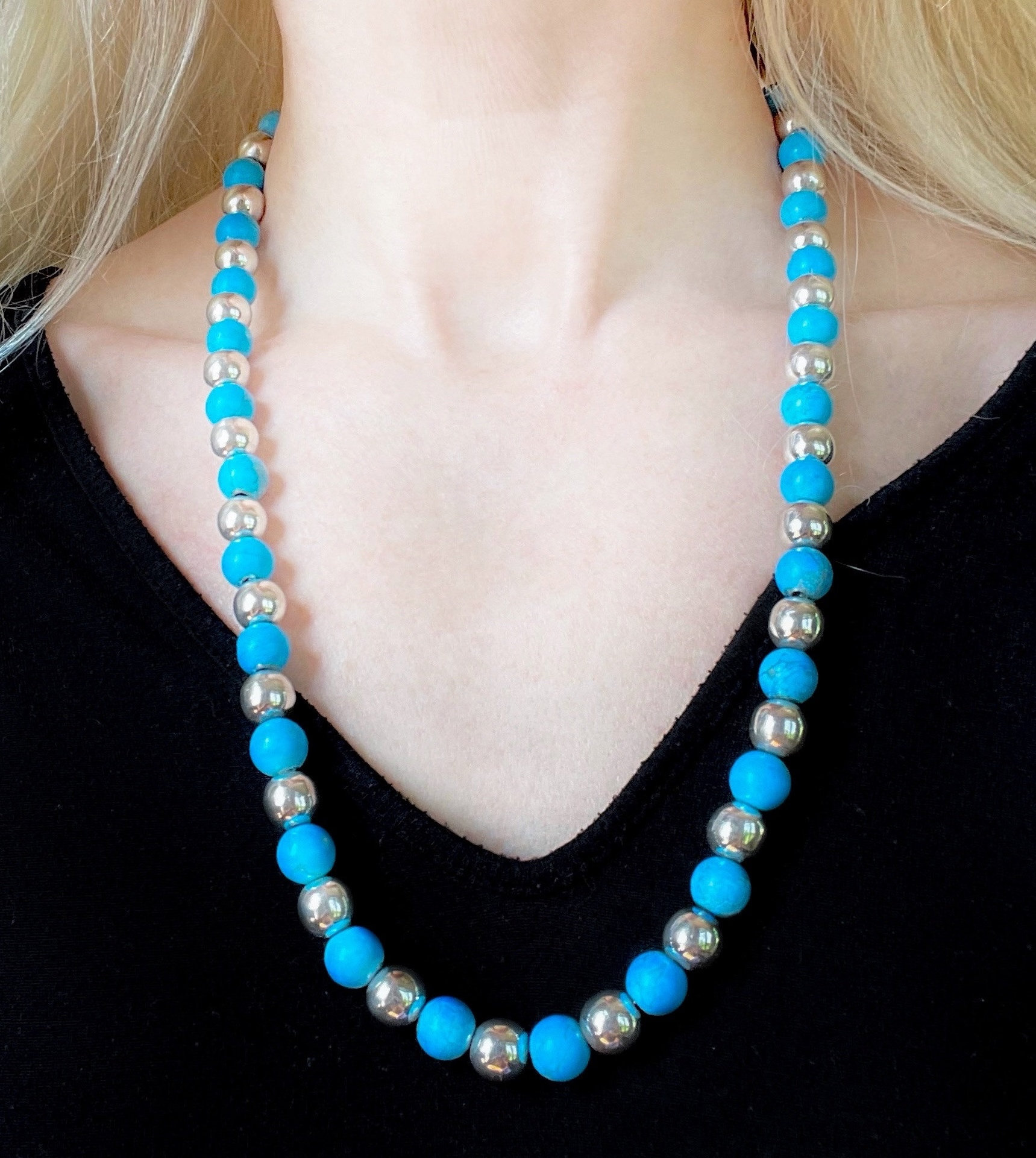 Collier Mexicain Ancien En Perles De Turquoise Naturelle Et Bambou - Bijou Ethnique Occasion