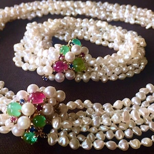 14k Emerald ruby Pink Tourmaline Keshi pearls Fruit salad style 14k gold necklace bracelet set