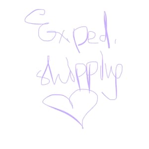 May include: Handwritten text in purple ink that says "Exped. and Happy" with a purple heart drawn below the text.