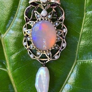 BIG 14k Victorian Lightning Ridge Black Australian Crystal Opal pendant  with pearl seeds October birthstone