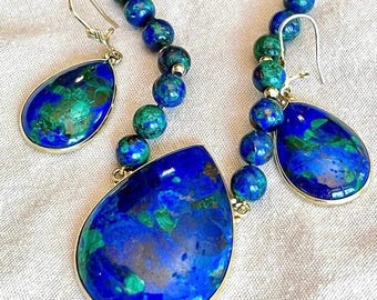 14k Large Malachite in Azurite necklace and 14k azurite malachite earrings Set