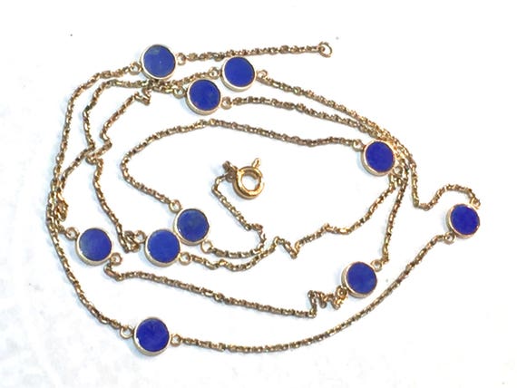 RARE 14k 28” opera Lapis lazuli chain bezel set s… - image 2