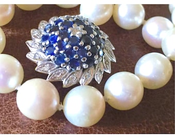 BIG 14k Diamonds large akoya pearls natural sapphires 14k gold BIG clasp pearl necklace