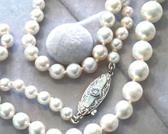 18k Edwardian to Art Deco Diamond Saltwater pearls necklace Antique Diamond clasp saltwater pearls necklace