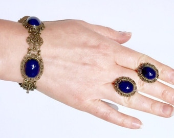 Cannetille Art Nouveau Bezel set Lapis Lazuli 800 silver European antique vintage RARE  bracelet earrings