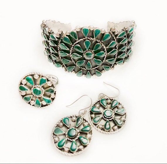 Rare Malachite floral Bracelet ring and earrings … - image 1