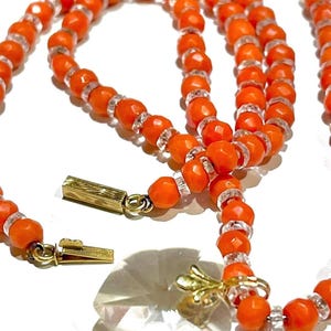 18k French Victorian necklace faceted coral beads RED NO DYE natural coral beads Antique  coral crystal heart Chased Victorian clasp