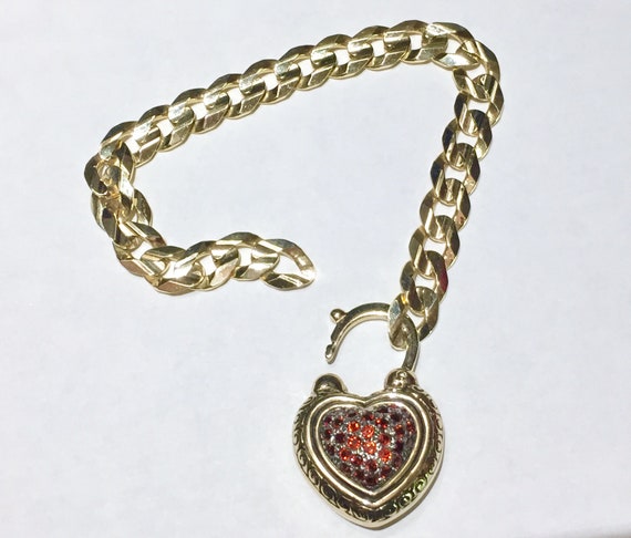 Large Enamel padlock Garnet BRACELET 9K GOLD curb