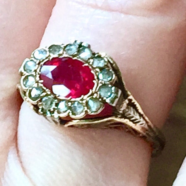 High purity 15k 16k gold antique Georgian Victorian Ruby Rose cut diamonds halo Daisy Art Work ring