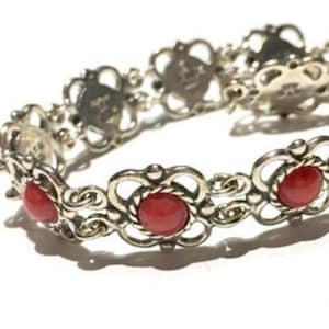 Blood Red Coral sterling silver flower link bracelet image 1