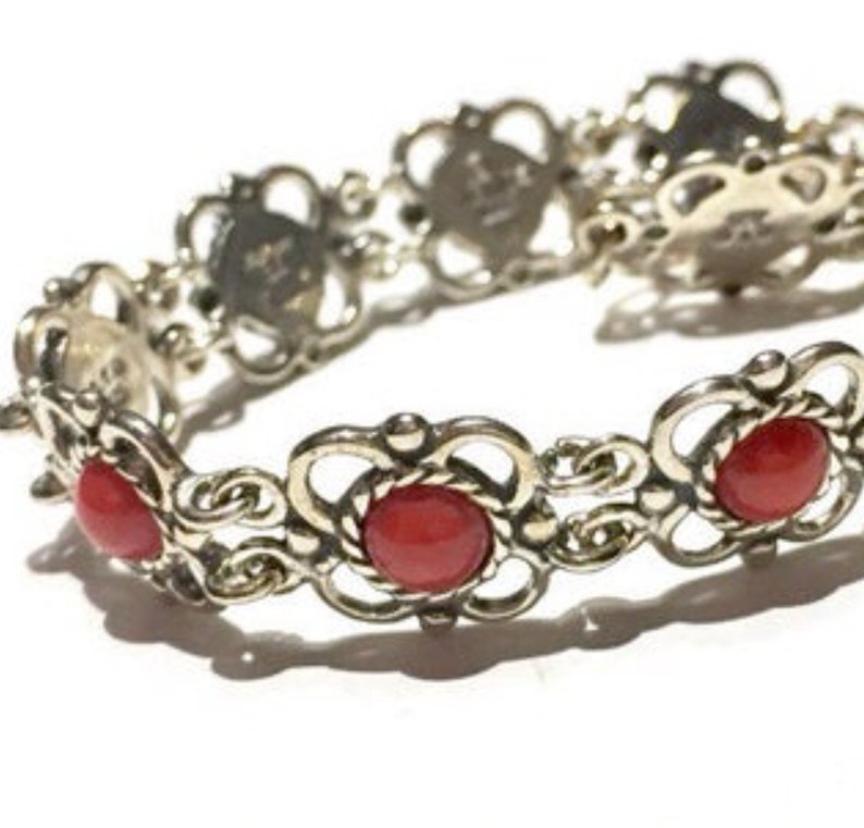 Blood Red Coral sterling silver flower link bracelet image 1