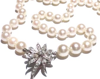 14k Diamonds Akoya pearls necklace Art Deco BIG Diamond clasp Long saltwater Akoya pearls Big Diamonds clasp 14k necklace
