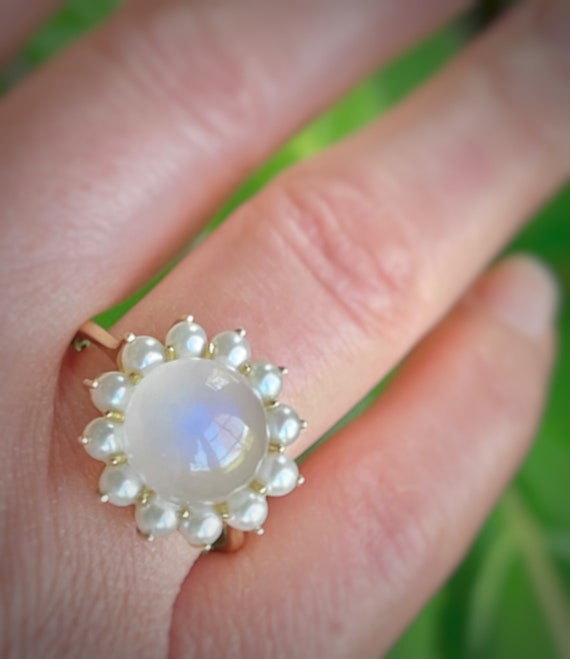 14k Blue sheen Moonstone baby pearls halo ring cha