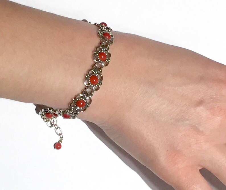 Blood Red Coral sterling silver flower link bracelet image 4