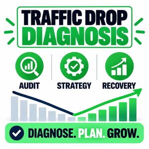 以下が含まれることがあります： TRAFFIC DROP DIAGNOSISというタイトルのグラフィック。AUDIT、STRATEGY、RECOVERYを表す3つの緑色の円形アイコンがあります。下部には下降トレンドから上昇トレンドを示す棒グラフがあり、DIAGNOSE. PLAN. GROW.というテキストが記載されています。