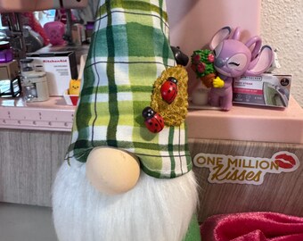 Ladybug Gnome, Green Plaid Hat, Spring Decor