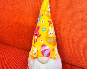 Yellow Bunny Gnome, Spring Easter Plush Figurine, 9 Inch Decor