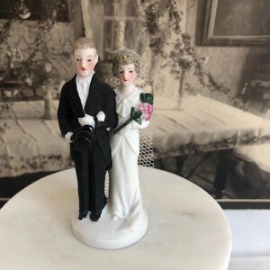 Vintage 1930's Bisque Bride and Groom 2 7/8" Cake Topper~New Old Stock~Itty Bitty Heirloom Cake Topper~Wedding Keepsake~Made in Germany~