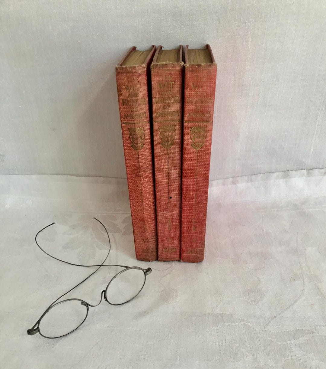 Antique Cloth Book Stack~small Red Linen Trio of Books~shelf Deco ...