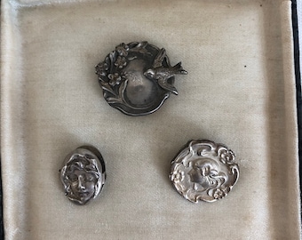 Antique Art Nouveau Sterling Silver Swallow Watch Pin, Lady's Head Brooch and Lady's Face Clip~Collection of Three Stunning Pins