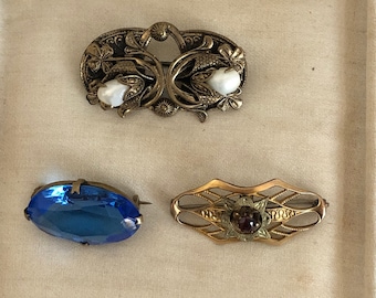 Antique Original Victorian Collar Pins~3 Little Collar or Lapel Pins~Blue Glass~Garnet Glass~Pearls~Collection of Three Stunning Little Pins