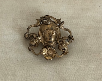 Vintage Art Nouveau Lady's Head and Flowers Watch Pin~Signed PSCO Jewelry~Fancy Brass Watch Pin