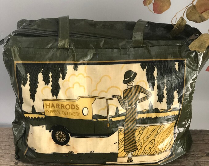 Vintage Harrod's Coated Canvas Zipper Tote Bag...1930's Fashion Girl