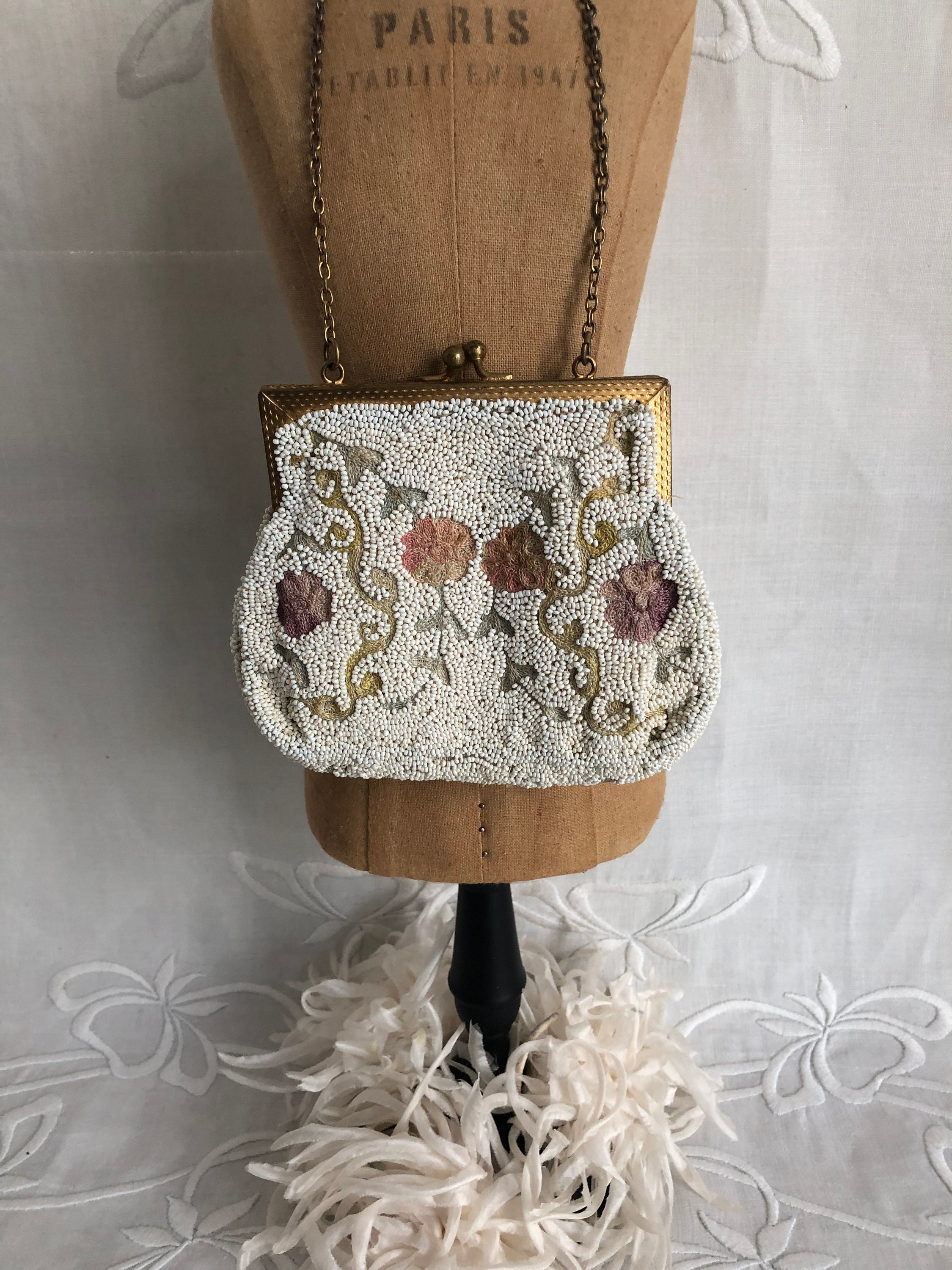 1930's Seed Bead Evening Purse~Moonlight Ivory Embroidered and Beaded Purse