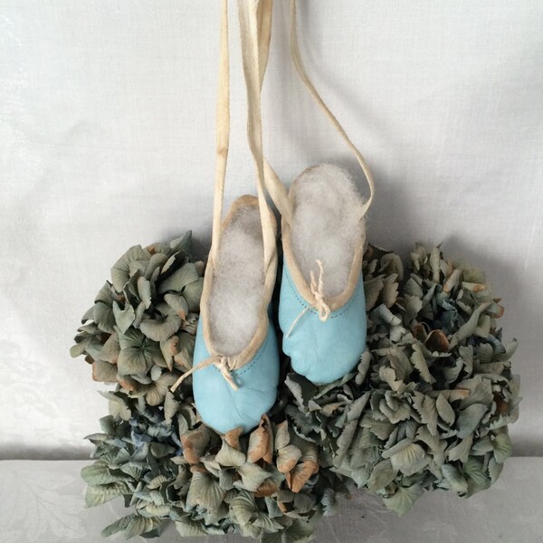 Vintage Leather Ballet Shoes~Hydrangea Blue Girl's Ballet Slippers~Magical Ballerina Shoes with Ties~Romantic Decor~Girl's Room Decor