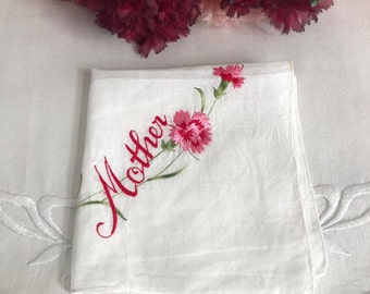 Vintage Embroidered MOTHER Hankie~Mother's Day~Mother of the Bride~Mother of the Groom~Red and Pink Carnations