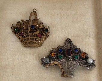 Antique Original Victorian Flower Basket Pin and Flower Basket Pendant~Collection of Two Multi Rhinestone Flower Baskets