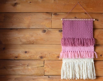 Knit Wall Hanging, Home Decor, Wall Hanging, Knitted, Fiber Art, Millennial Pink, Woven, Yarn, Geometric, Knit, Pink Wall Decor, Yarn Art