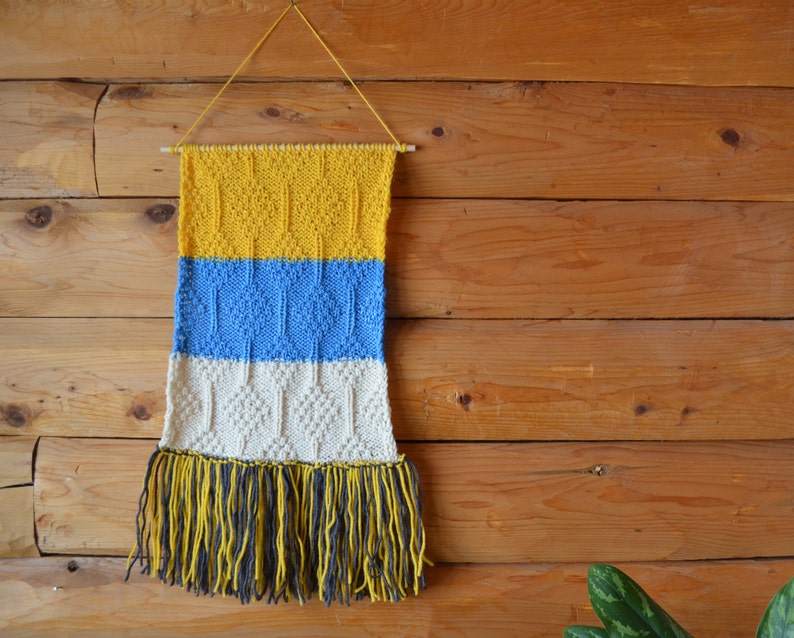 Knit Wall Hanging, Home Decor, Wall Hanging, Knitted, Fiber Art, Blue