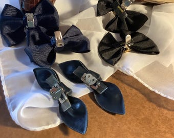 Vintage Shoe Clips, Black Blue Bows, Pleather Knot, Stainless Clip Back