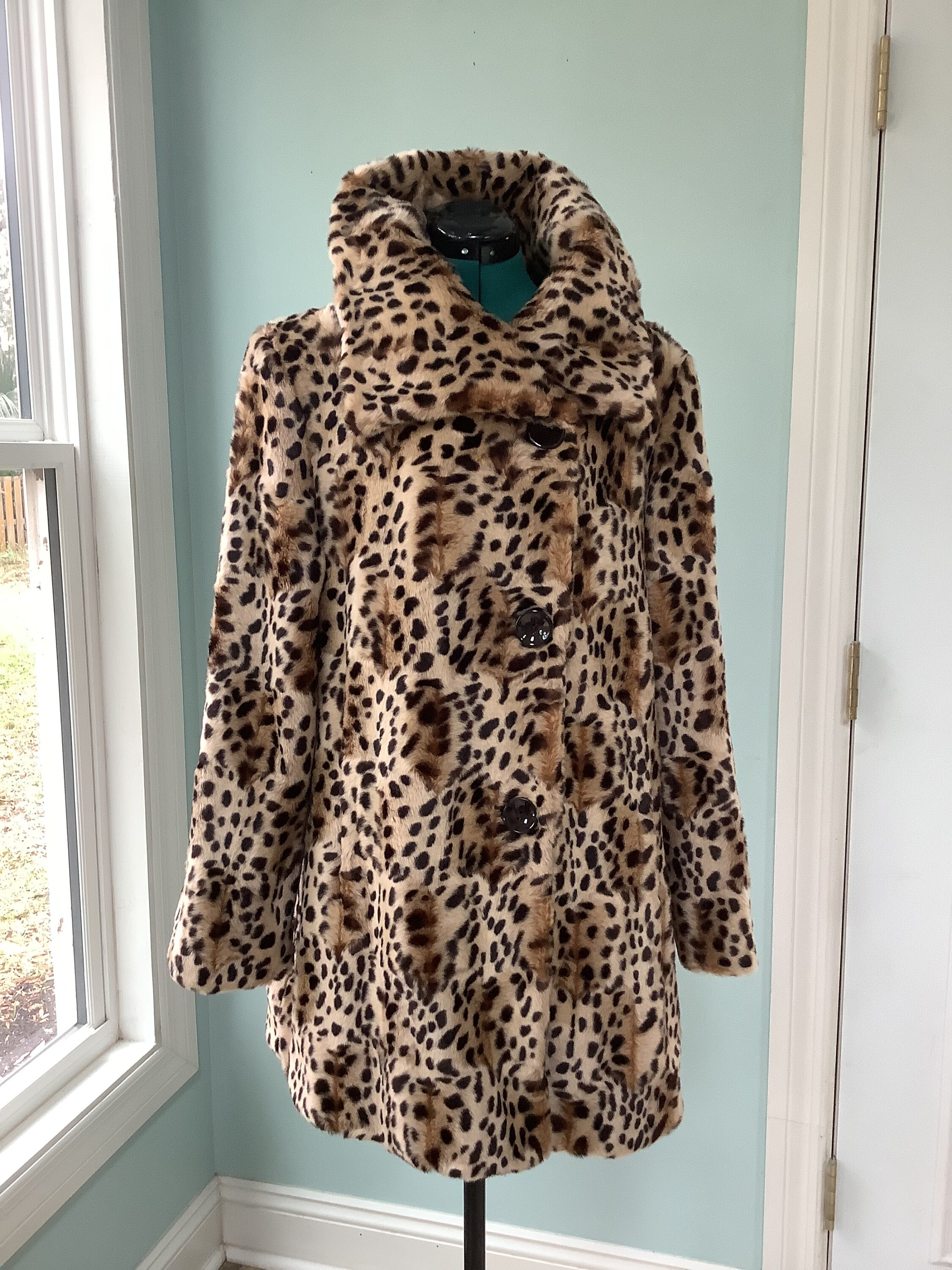 Vtg.faux Leopard Coat ,sz L,”INCOGNITO” Swing Car Coat, 80's Vtg.faux Leopard Coat ,sz L,”INCOGNITO” Swing Car Coat, 80's