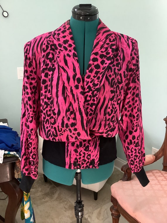 Vintage 90’s Disco Pink Cheetah Blouse,Size 8, Pin