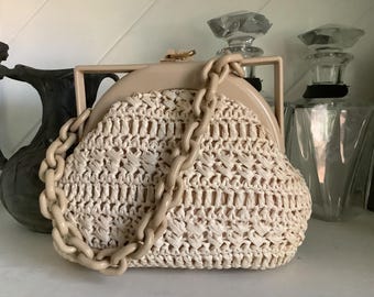 60’s Italian Raffia Straw Handbag,Cream Beige Straw Purse by  Mr Ernest ;“Simon Handbag”