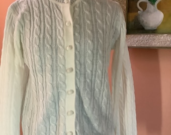 Vintage 70's Cable Knit Cardigan, Ball Button Sweater, Sz 14