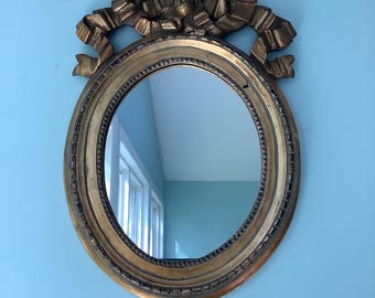 1910 Antique Oval Mirror ,Wooden Frame with a Extra Large Bow