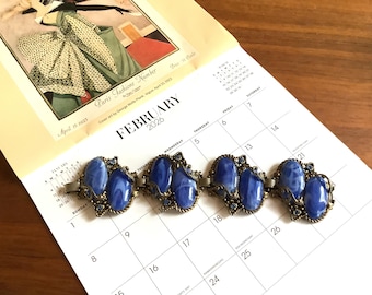 Vintage Statement Bracelet, Selro Style Elaborate Bracelet, 8 Blue Swirl Cabochons in Silvertone