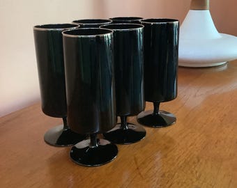 LENOX Black Glasses, Set of 6, Pedestal Glassware ,Vintage 7” Tall Goblets
