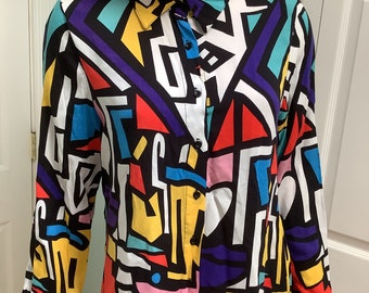 Vintage “Op Art”Blouse,Sz M- L ,80’s Color Block Shirt,90’s Psychedelic,UK Color Block Shirts, Big Dart Co.,Art Clothing