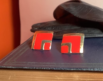 80s Goldtone Square Post Earrings, Red Enamel and Gold Tone Chevron Earrings