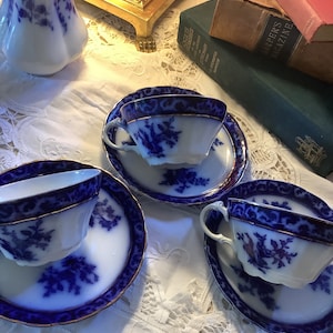 STANLEY POTTERY CO Tea Cups and Saucers,1887-1928 Earthenware,”Touraine Pattern”,Flow Blue Floral English Tea Set