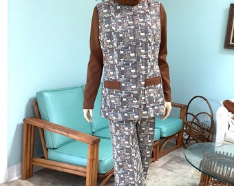 Jaren 70 broekpak, maat 15-16, JO HARDIN ORIGINALS, abstract patroon, polyester dubbelgebreid, 3-delig pak